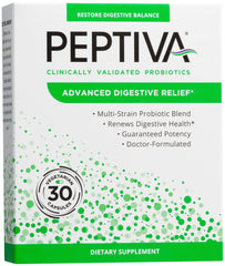 Peptiva Advanced 50 Billion CFU probiotic bottle for daily digestive support.