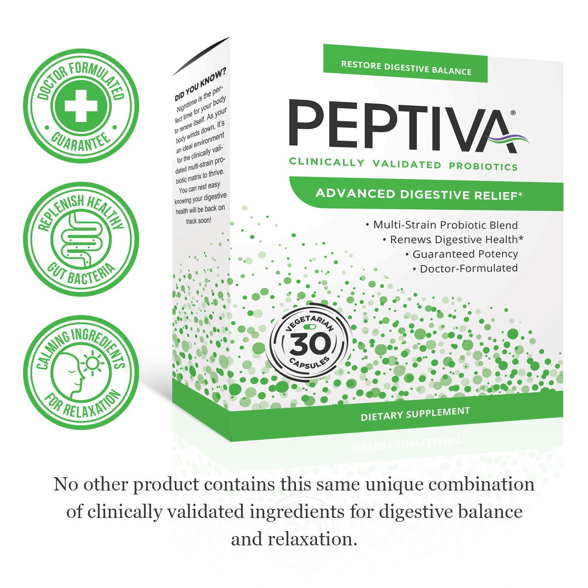 Peptiva Advanced label and bottle highlighting trusted daily probiotic use.