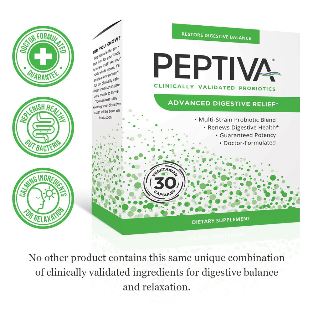 Peptiva Advanced label and bottle highlighting trusted daily probiotic use.