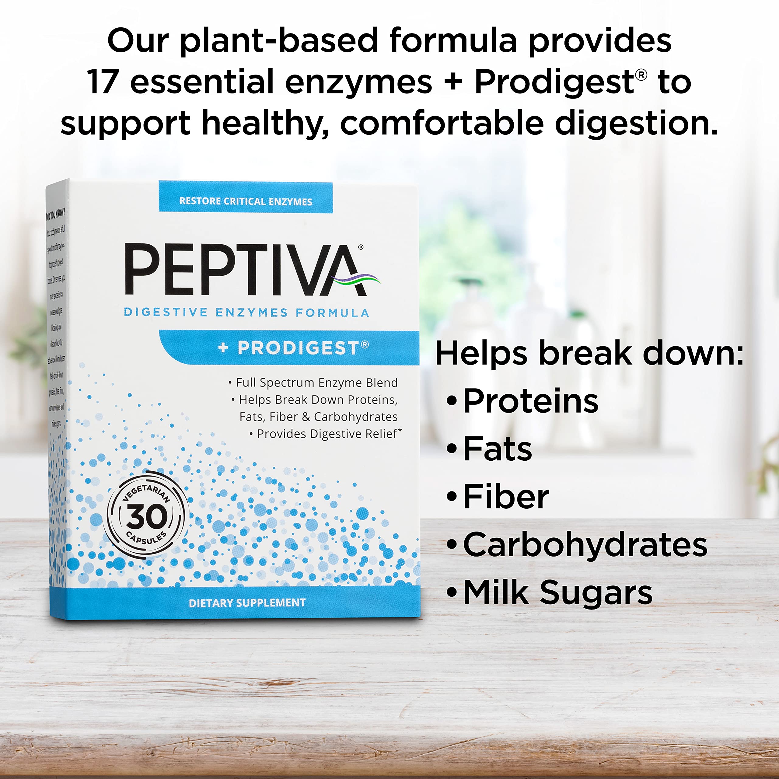 Peptiva box front label emphasizing 30-count digestive enzyme supplement.