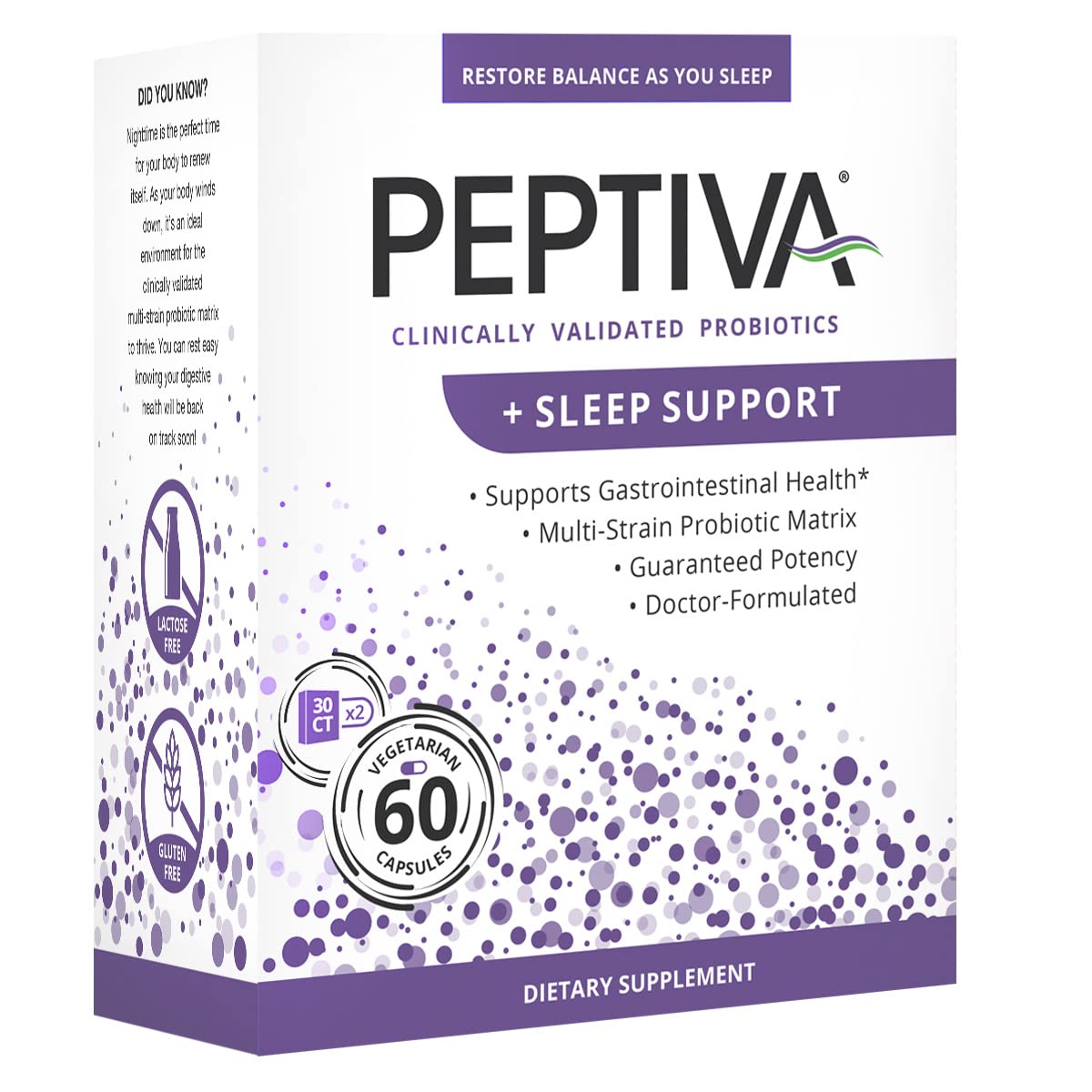 Clinically validated multi-strain probiotic label from Peptiva for gut support.