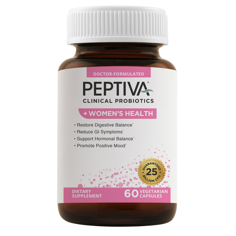 Peptiva probiotics capsules closeup highlighting 25 billion CFU for gut support.