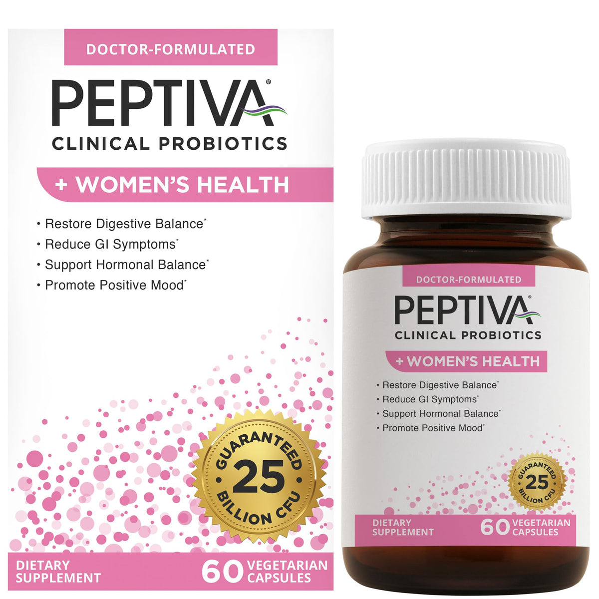 Peptiva women's health bottle label shows probiotic formula supporting digestive balance and daily wellness.