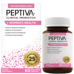 Peptiva women's health bottle label shows probiotic formula supporting digestive balance and daily wellness.