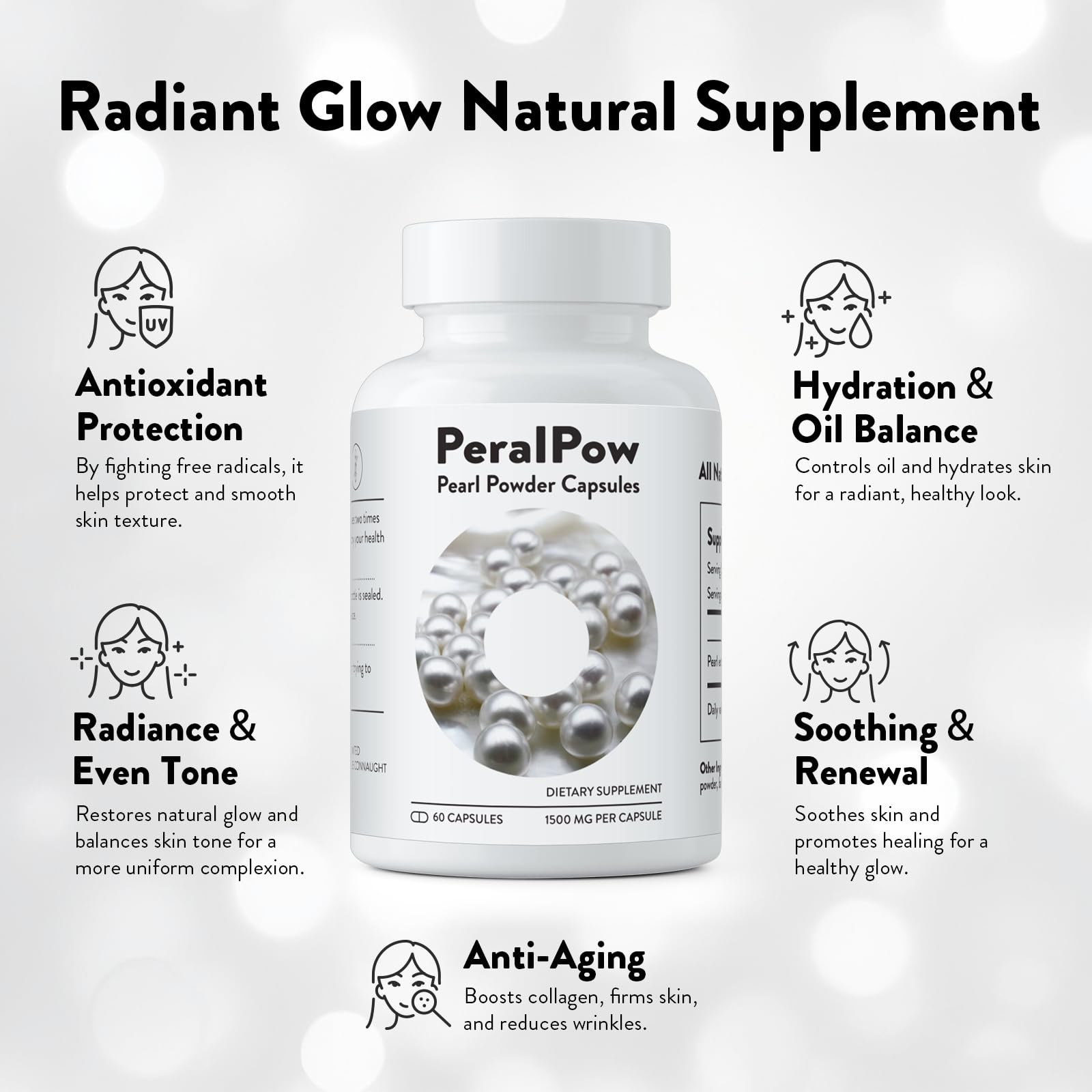 Close-up of Peralpow pearl powder capsules highlighting vegan formula.