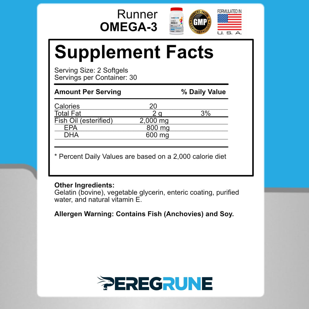 PEREGRUNE Omega-3 bottle packaging focused on heart and joints.