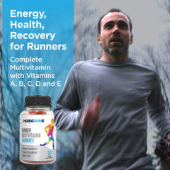 PEREGRUNE Runner Multivitamin Gummies bottle label close-up showing quality and testing