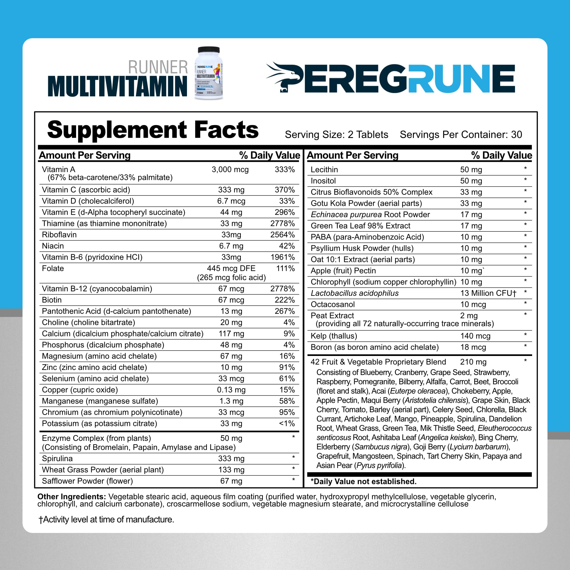 PEREGRUNE Runner Multivitamin label close-up highlighting B vitamins.