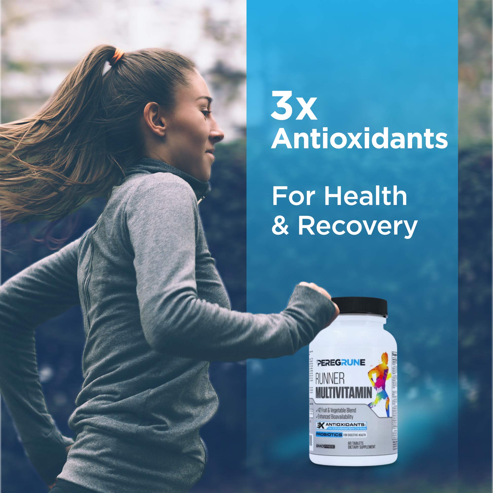 PEREGRUNE Runner supplements beside running shoes, suggesting daily use.