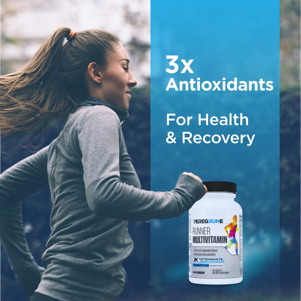 PEREGRUNE Runner supplements beside running shoes, suggesting daily use.