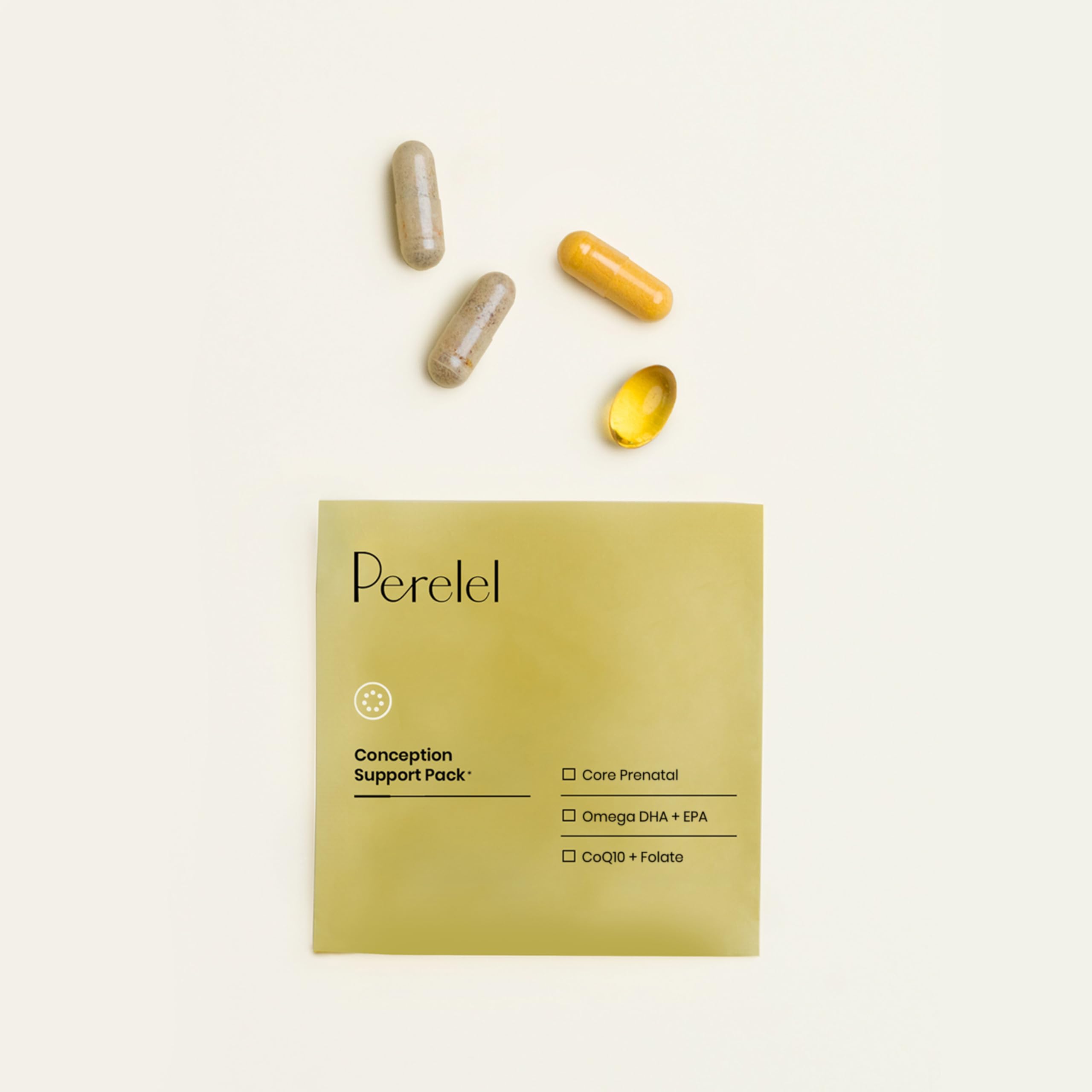 Perelel Conception Pack four-pill daily pack in portable box for on-the-go routines.