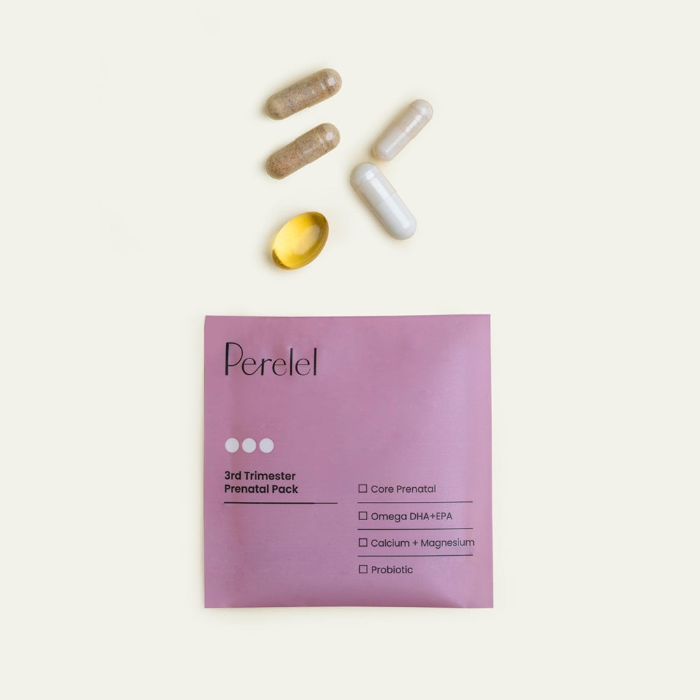 Perelel core prenatal vitamin pill for daily prenatal supplementation.