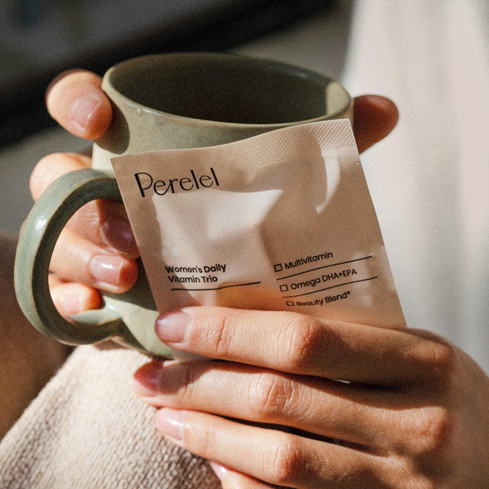 Perelel daily pack on the go, easy to take with meals and water.