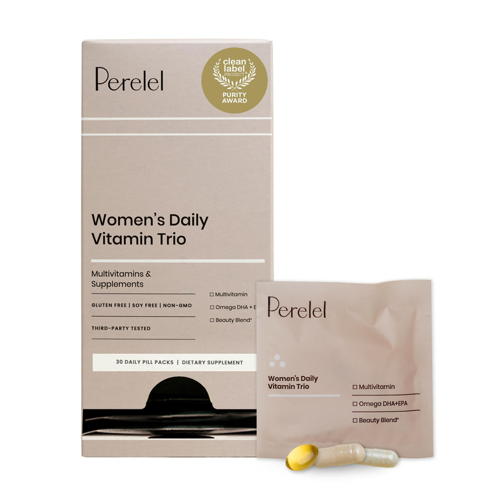 Perelel Women’s Daily Vitamin Trio pack shown for convenient daily wellness on the go.