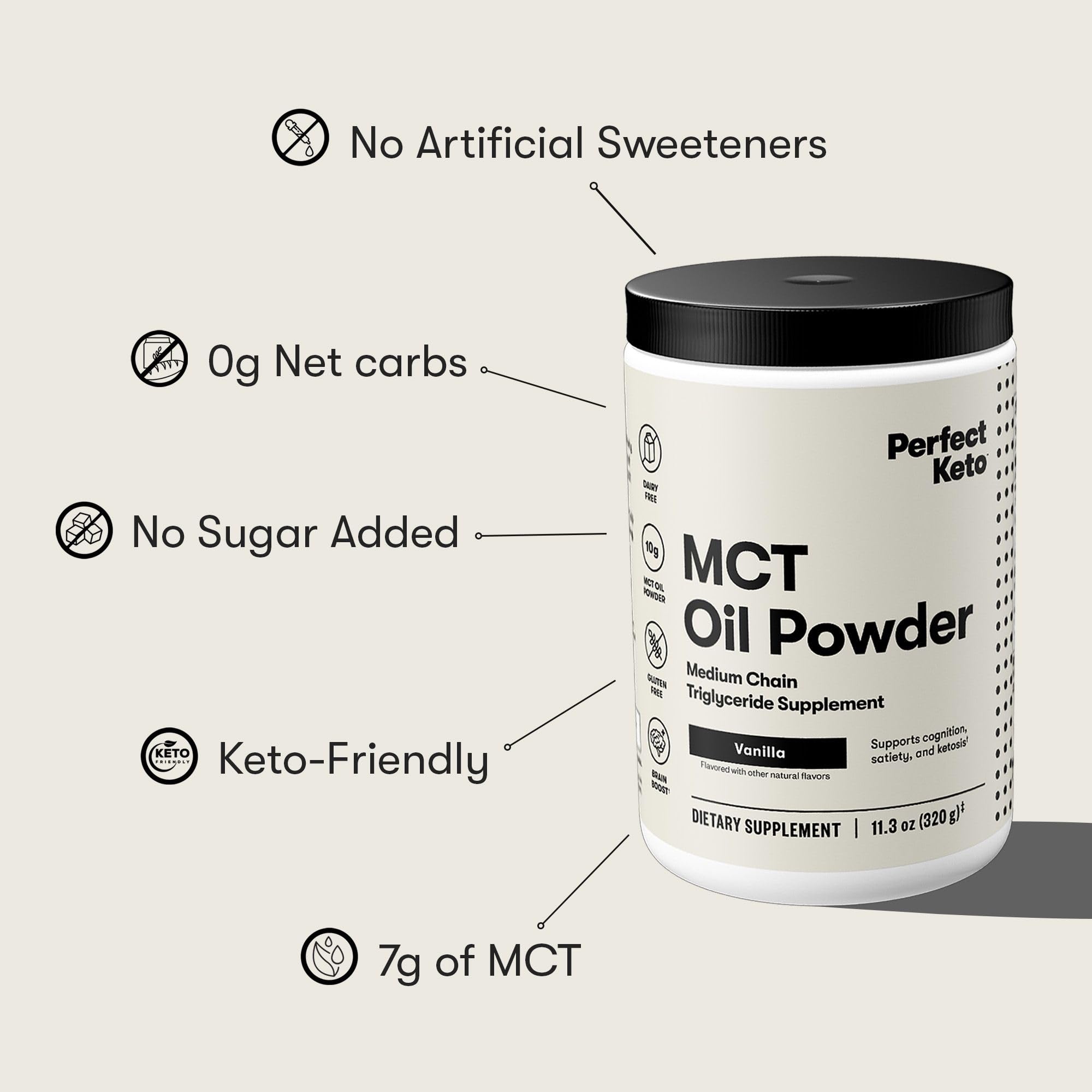 Perfect Keto packaging and seal on vanilla 7g MCT powder bottle