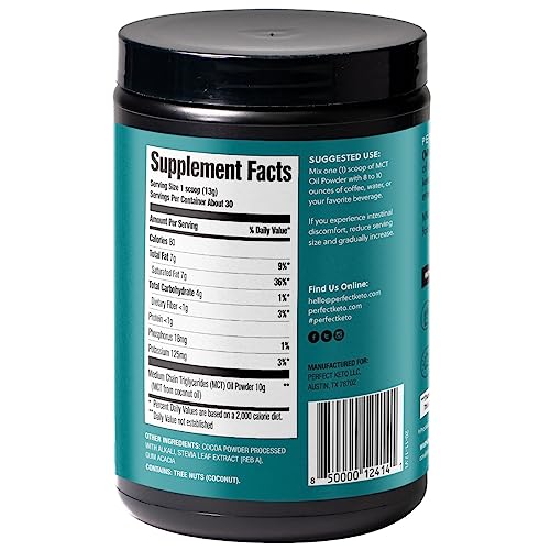 Perfect Keto 7g MCT Oil Powder scoop measuring for quick beverages.