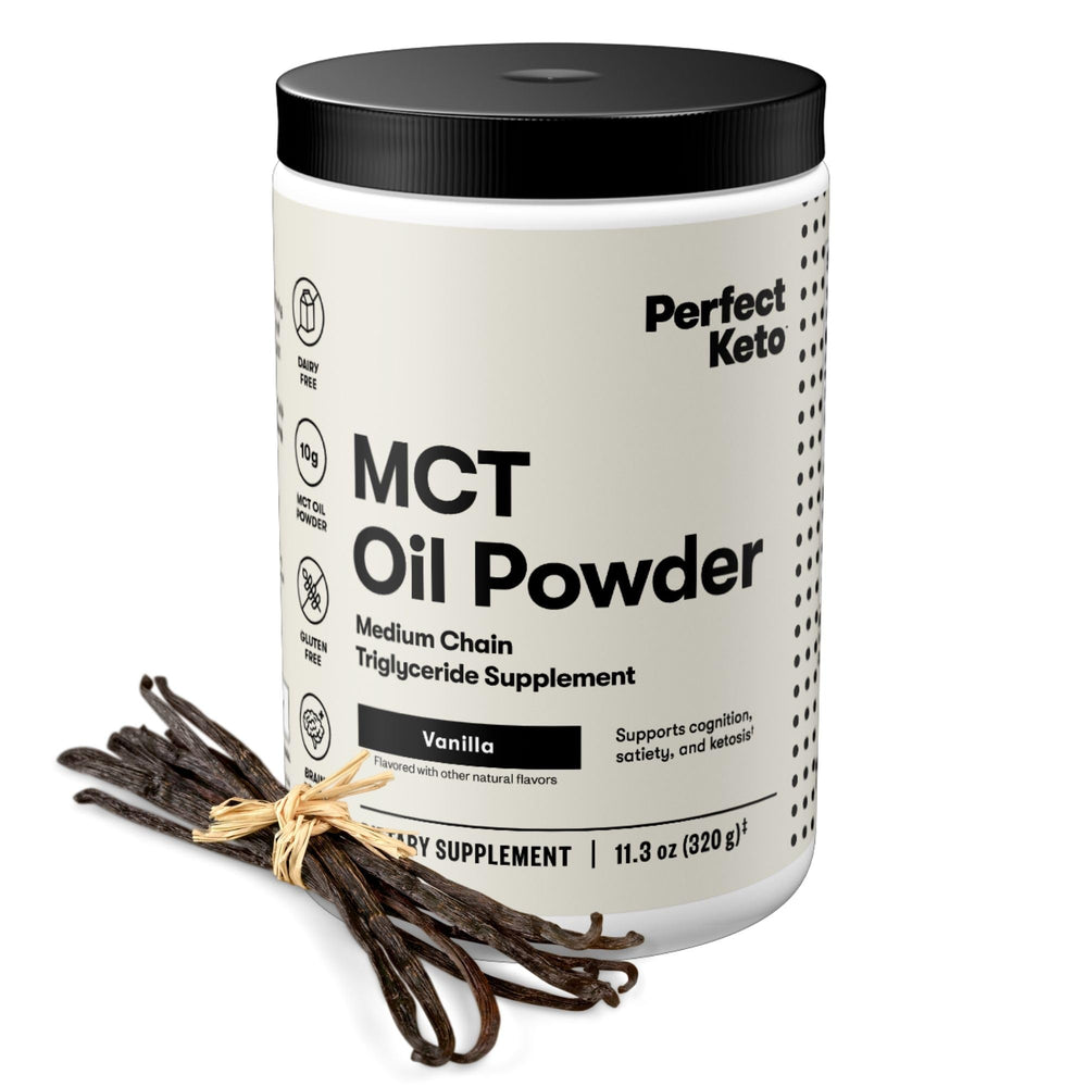 Perfect Keto 7g MCT Oil Powder vanilla tub shown for keto-friendly energy boost at breakfast