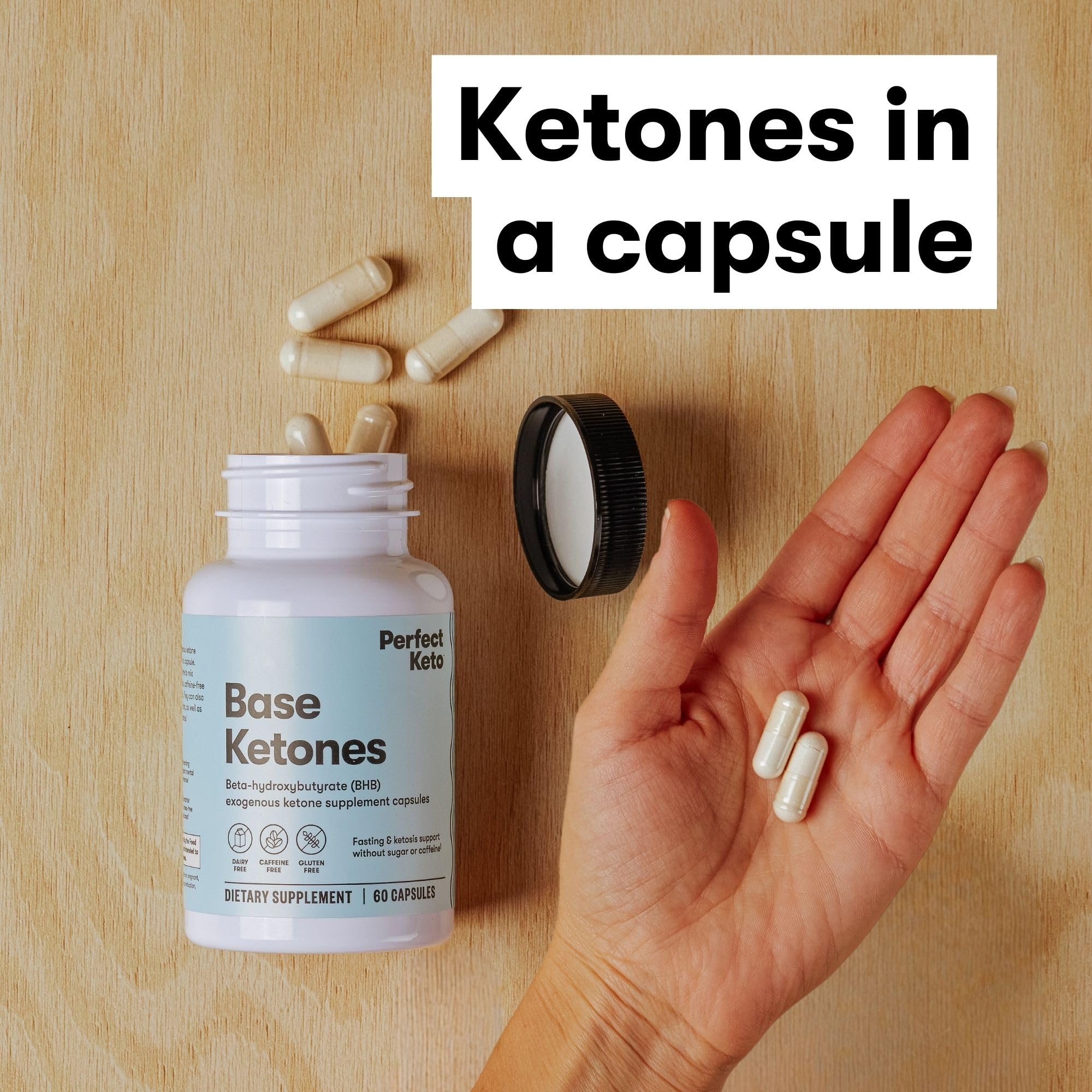 Perfect Keto goBHB capsules in-use during fasting for appetite control.