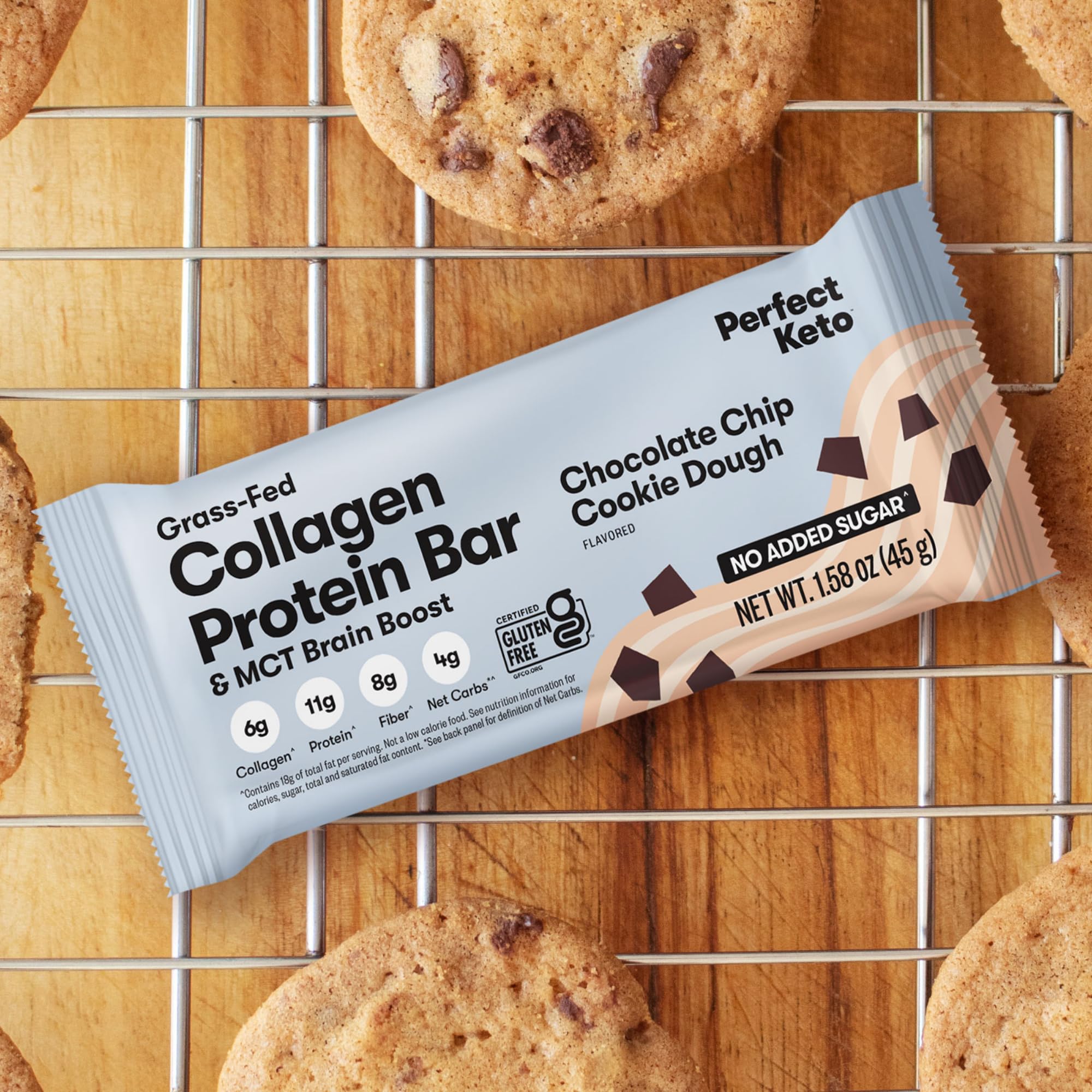 Close-up of Perfect Keto Collagen Bar Chocolate Chip texture.