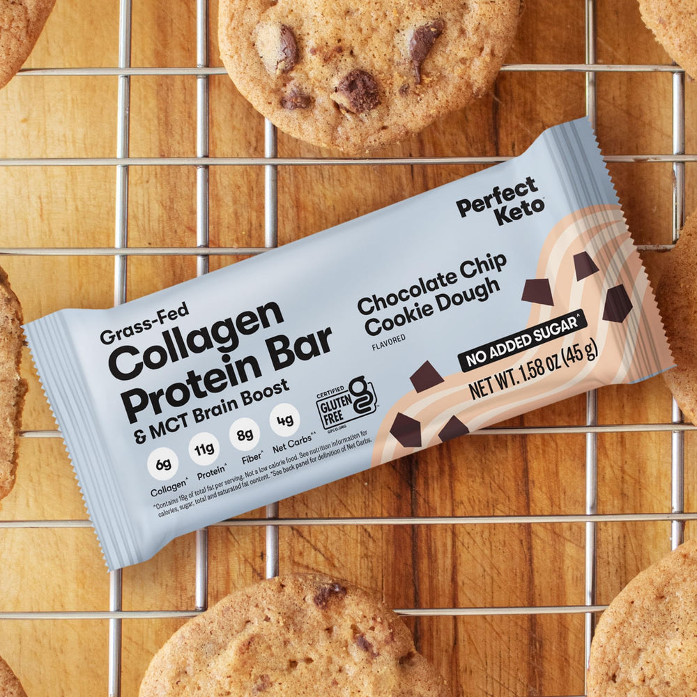 Close-up of Perfect Keto Collagen Bar Chocolate Chip texture.