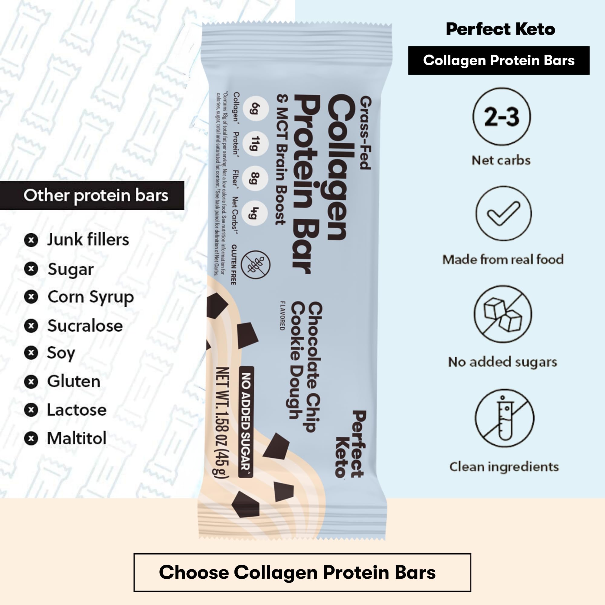 Ingredients of Perfect Keto Collagen Bar Chocolate Chip include collagen and MCTs.