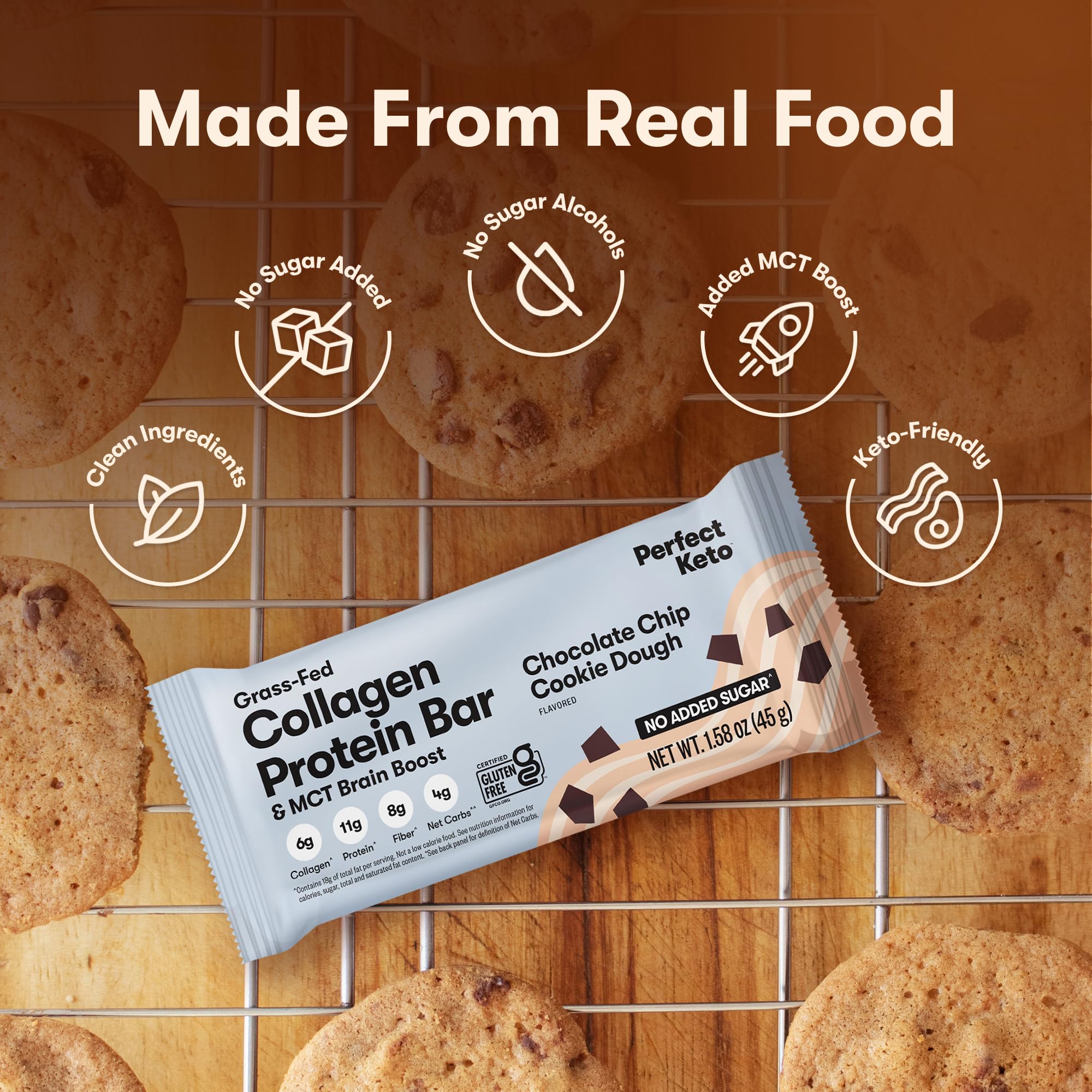 Nutrition panel on Perfect Keto Collagen Bar Chocolate Chip shows protein and carbs.