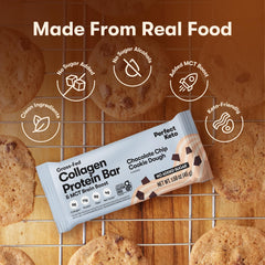Nutrition panel on Perfect Keto Collagen Bar Chocolate Chip shows protein and carbs.