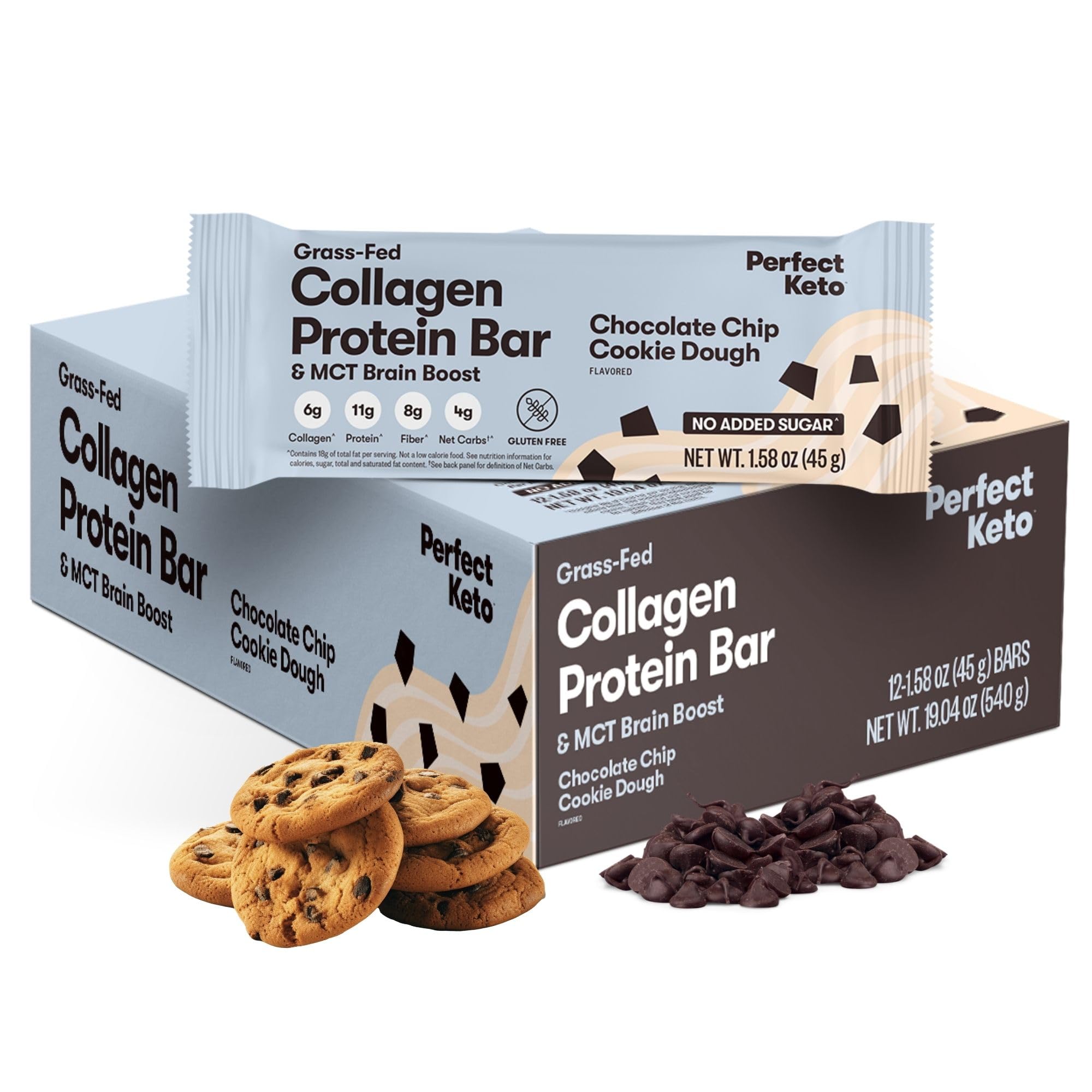 Perfect Keto Collagen Bar Chocolate Chip packaging highlights keto-friendly snacking.