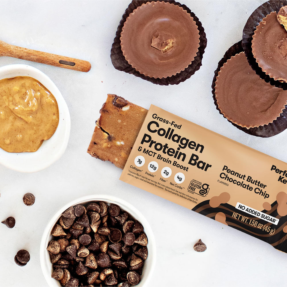 Close-up of Perfect Keto bar ingredients: grass-fed collagen and MCT oil.