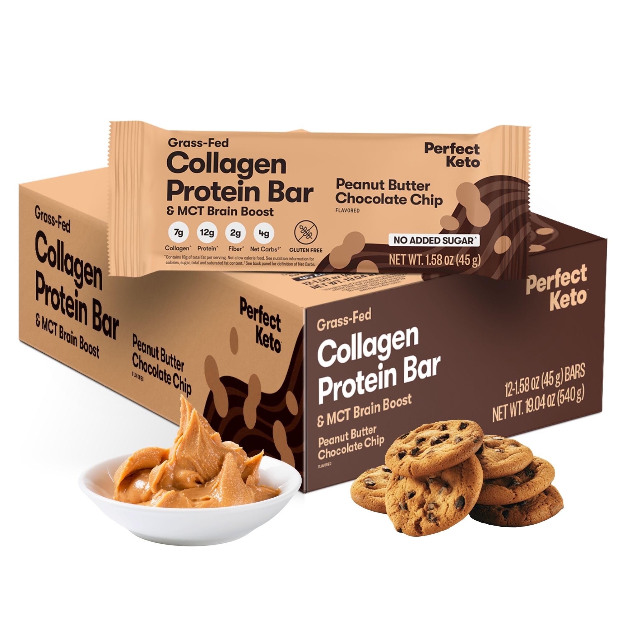 Perfect Keto bar packaging showing peanut butter chocolate chip, gluten-free keto snack.