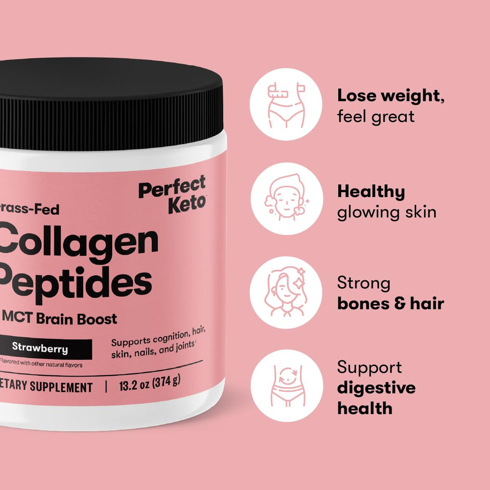 Ingredients panel highlights grass-fed collagen and MCTs