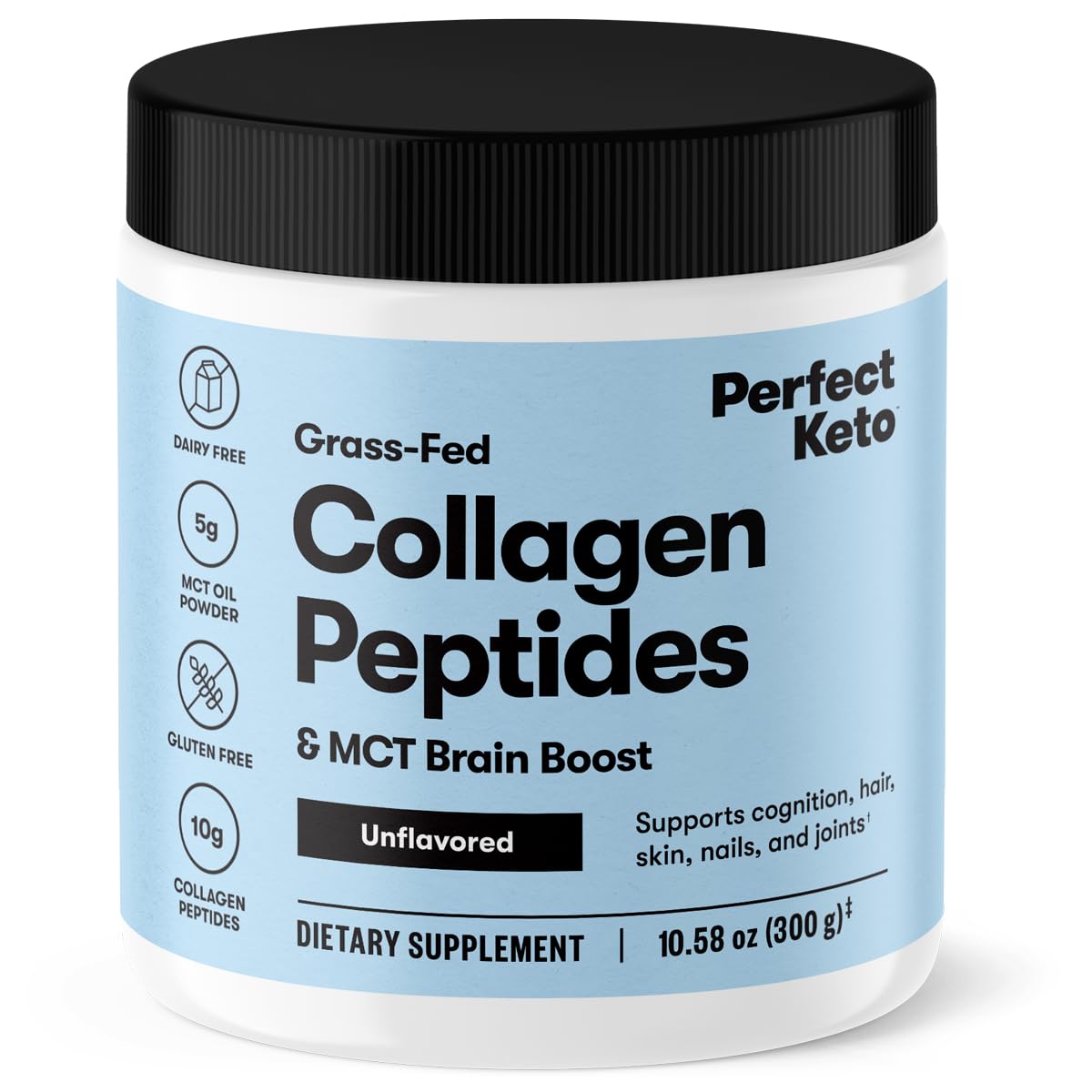 Perfect Keto Collagen Peptides bottle on kitchen counter for daily hair and skin support.