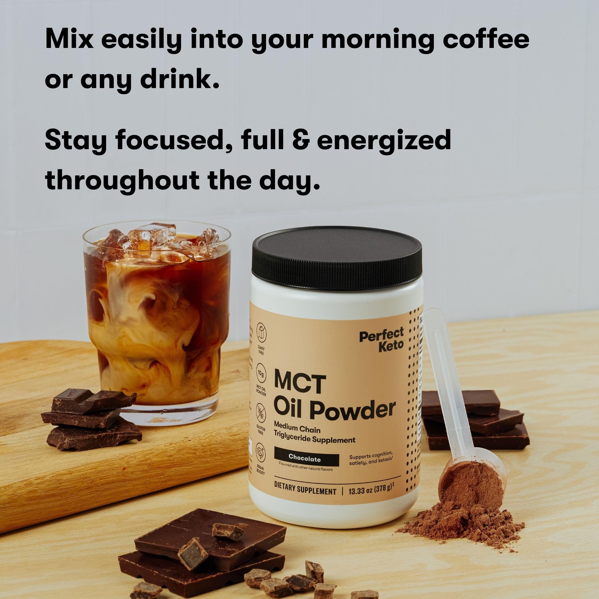 Perfect Keto MCT Oil Powder ingredients emphasizing coconut-derived MCTs.