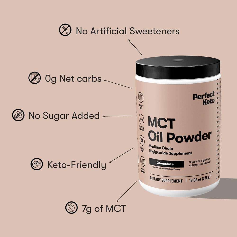 Perfect Keto MCT Oil Powder packaging highlighting keto-friendly, dairy-free option.