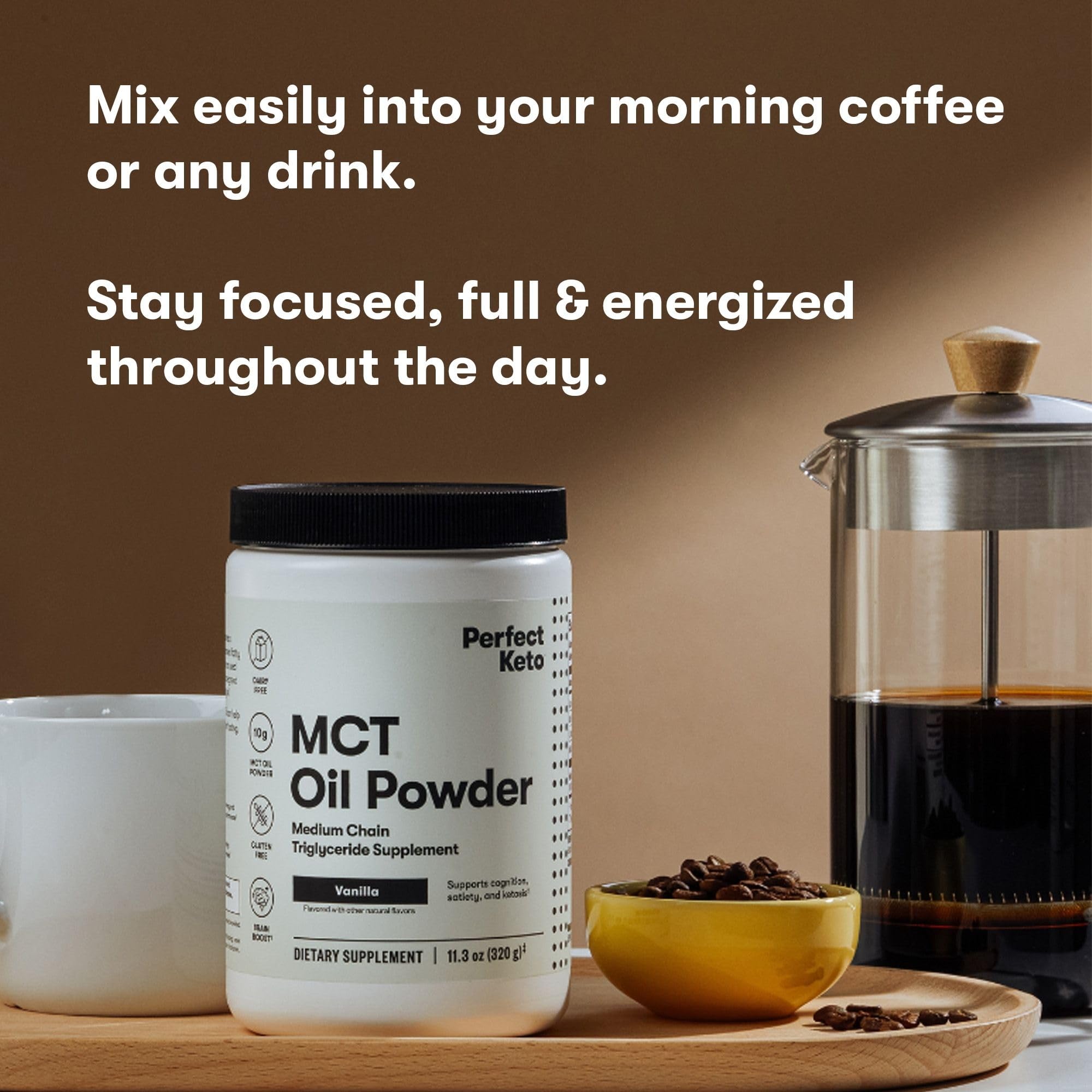 Perfect Keto vanilla MCT powder added to a smoothie for extra creaminess