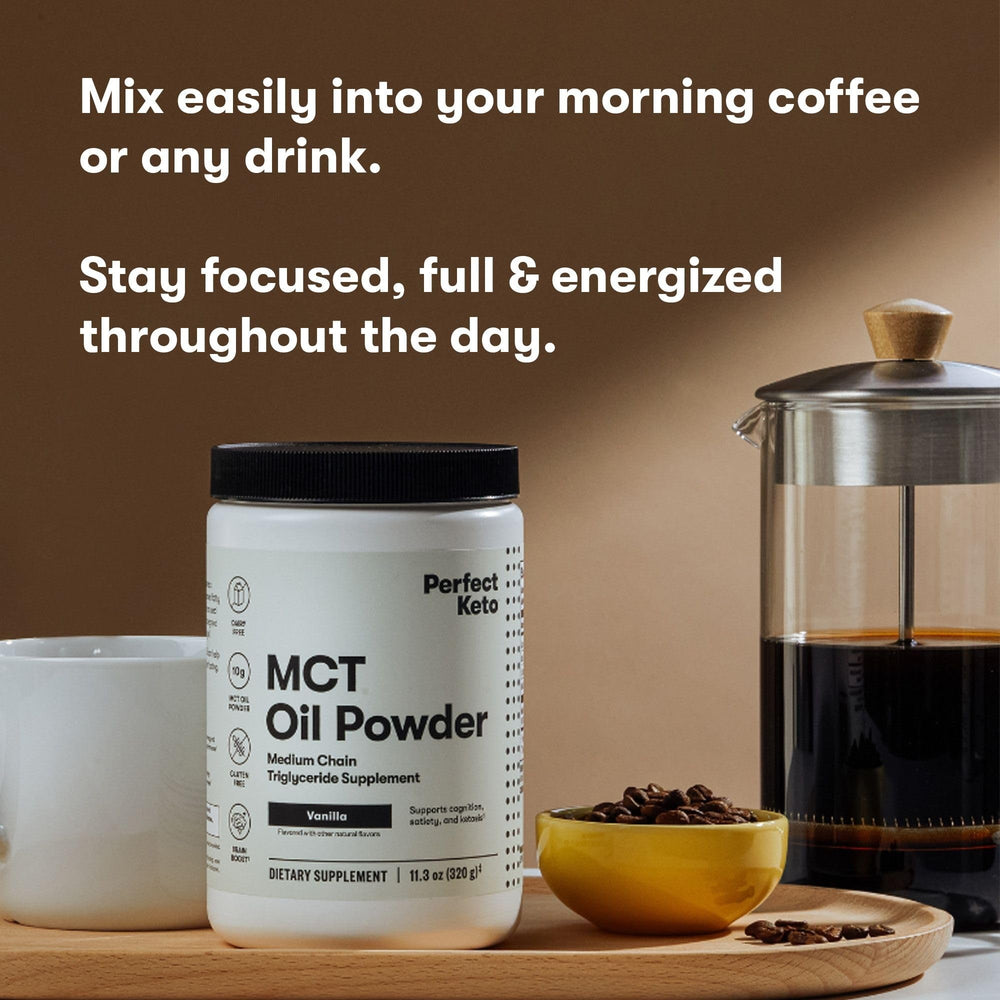 Perfect Keto vanilla MCT powder added to a smoothie for extra creaminess