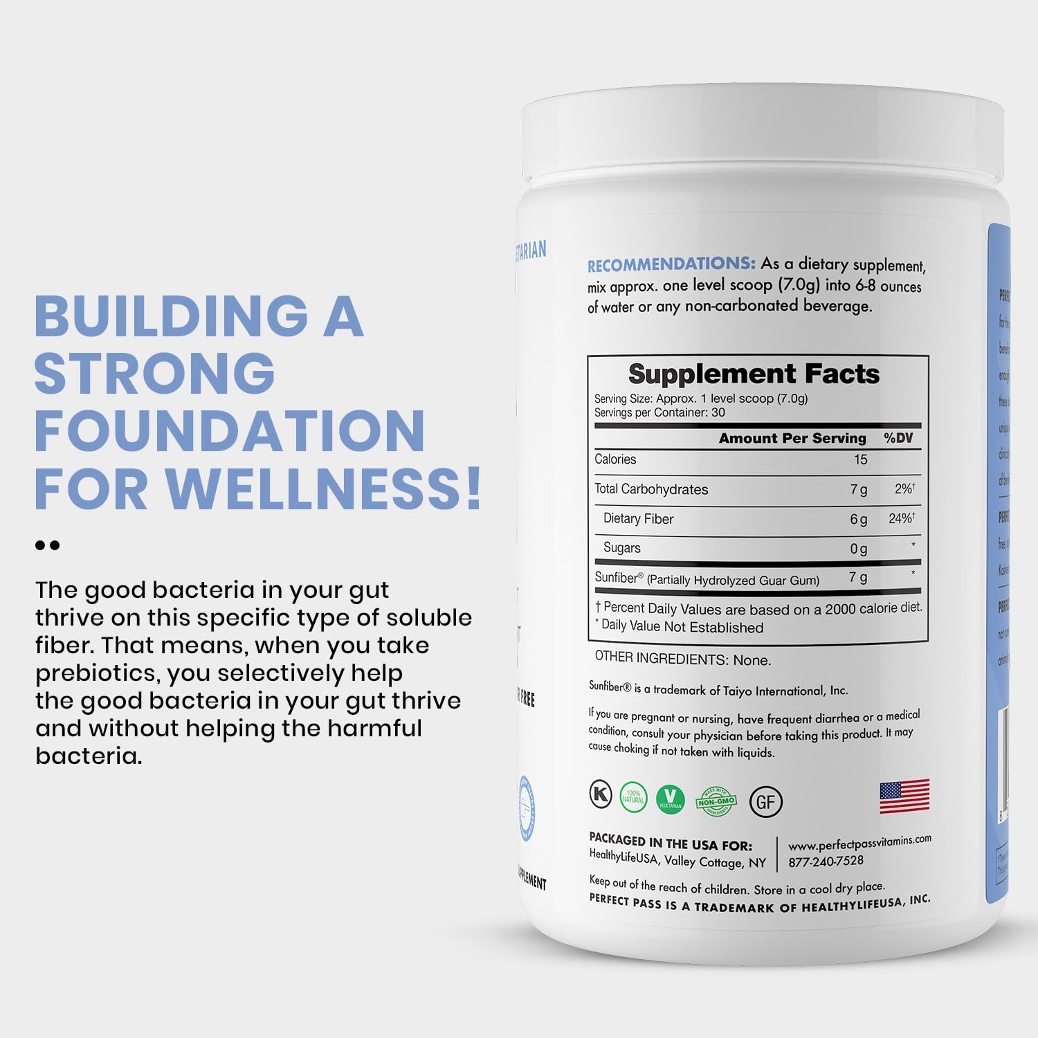 PERFECT PASS tub on the counter—gluten-free, non-GMO, kosher certified.