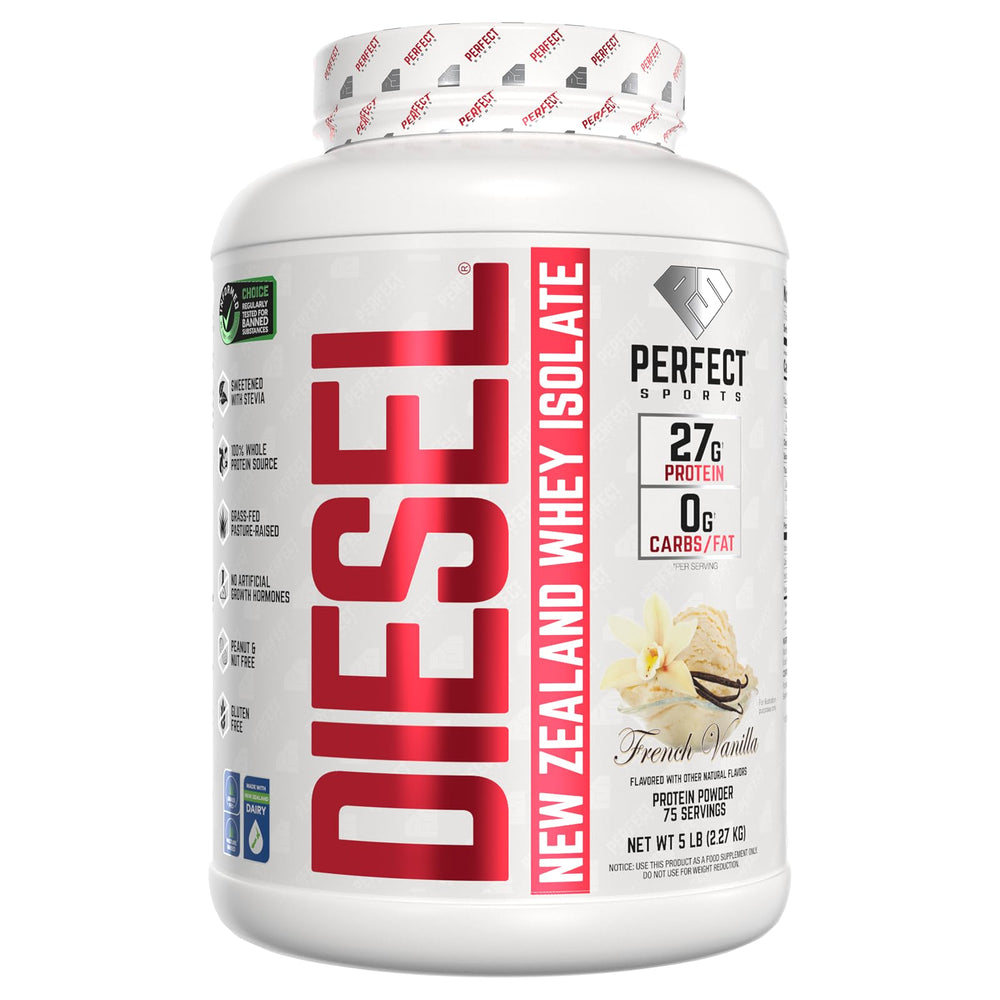 Perfect Sports Diesel whey tub showing premium NZ whey protein for post-workout fueling.