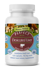 Perfect Supplements desiccated beef liver capsules in bottle for daily protein.