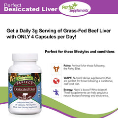 Perfect Supplements desiccated liver capsules showcase high protein and vitamin content for daily nourishment.