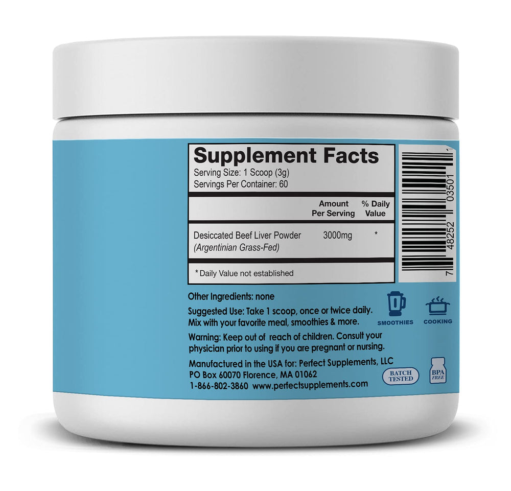 Perfect Supplements desiccated liver powder with scoop, simple daily protein and nutrient support.