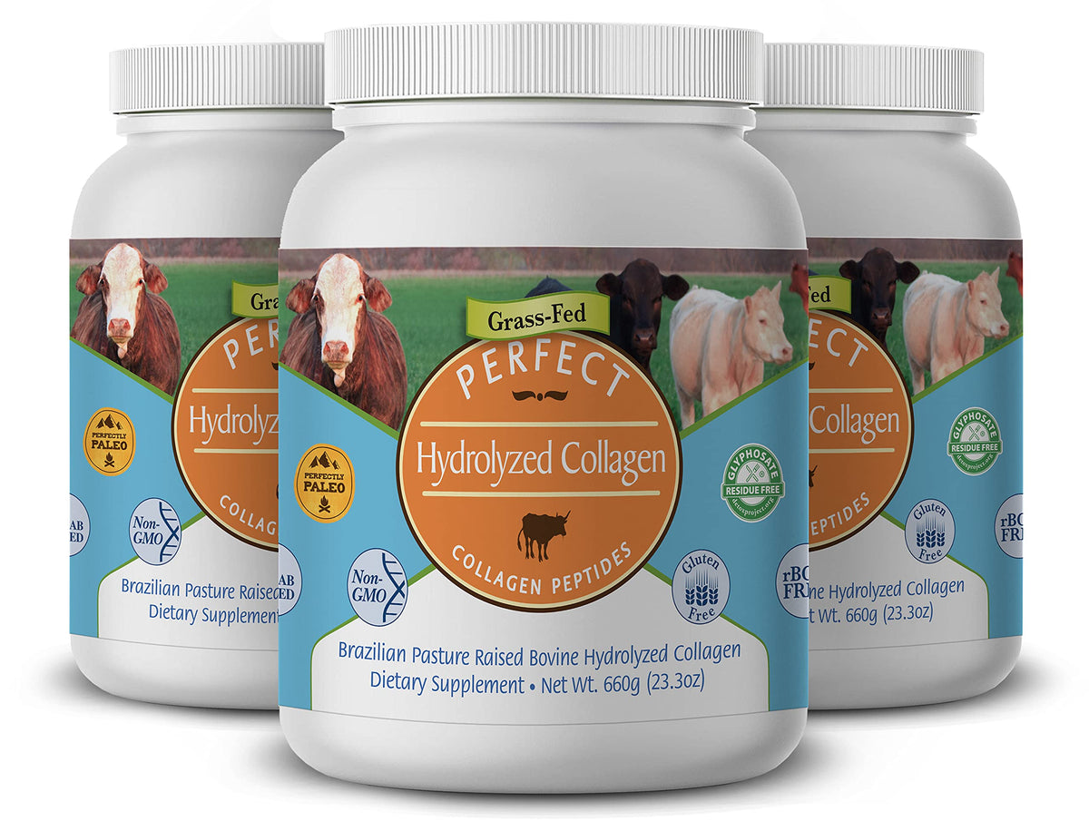 Perfect Supplements hydrolyzed collagen tub showing high protein per serving for daily nutrition.