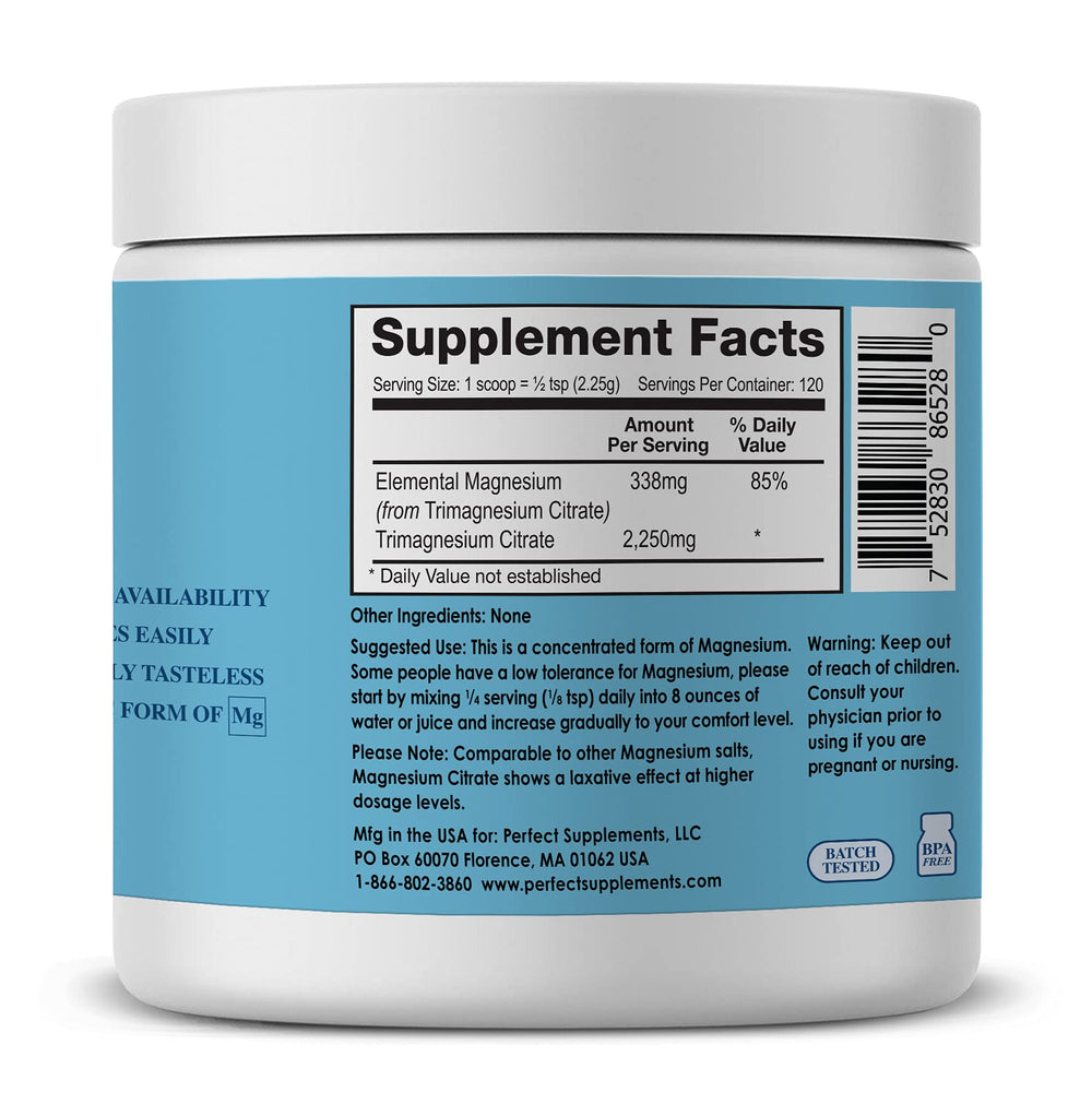Scoop of Perfect Supplements magnesium citrate powder indicating easy mixing