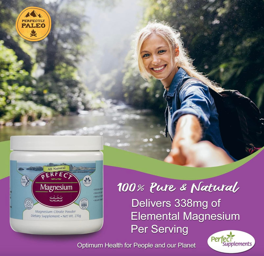 Closeup of Perfect Supplements magnesium citrate powder tub emphasizing purity