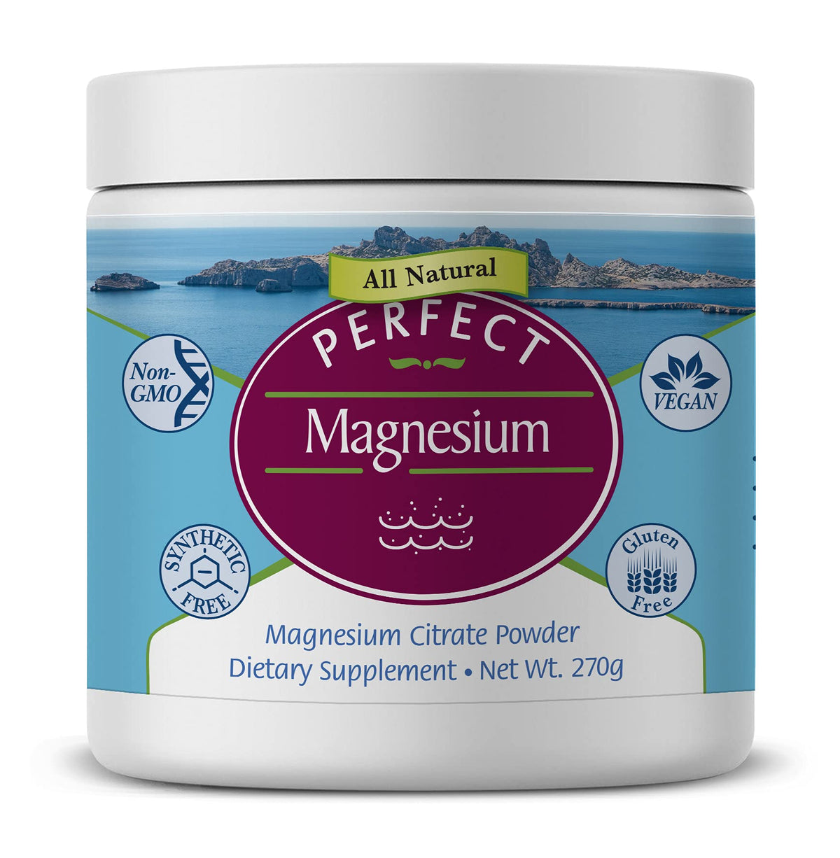 Perfect Supplements magnesium citrate powder tub front shows pure mineral source for daily energy