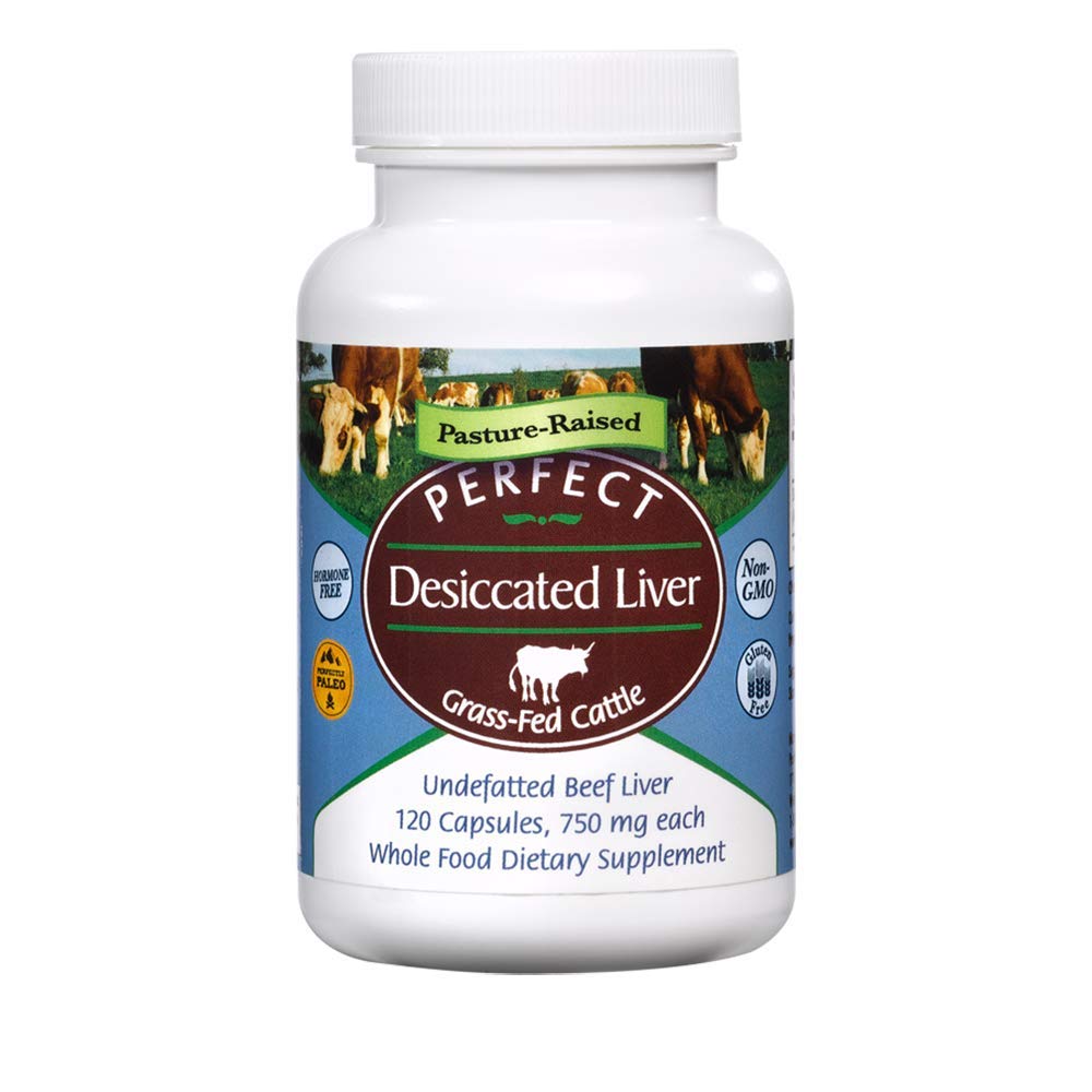Perfect Supplements desiccated liver bottle for natural energy support.