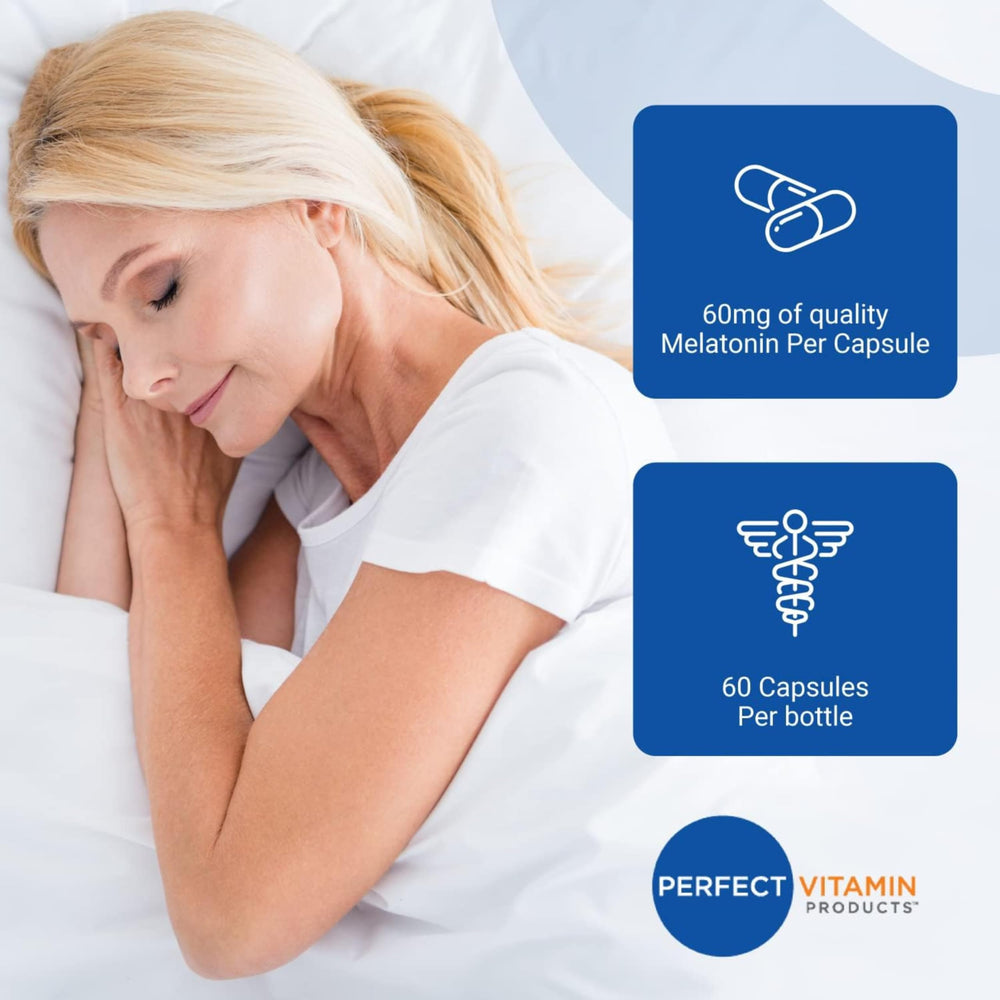 Perfect Vitamin Products melatonin 60mg capsules close-up emphasizes fast-acting design
