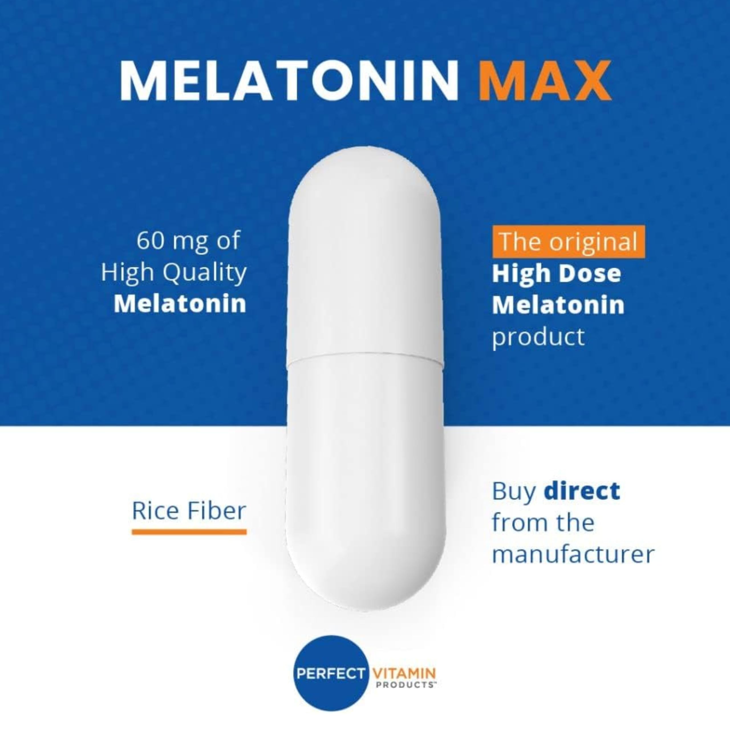 Perfect Vitamin Products melatonin 60mg packaging showcases vegan, gluten-free formula