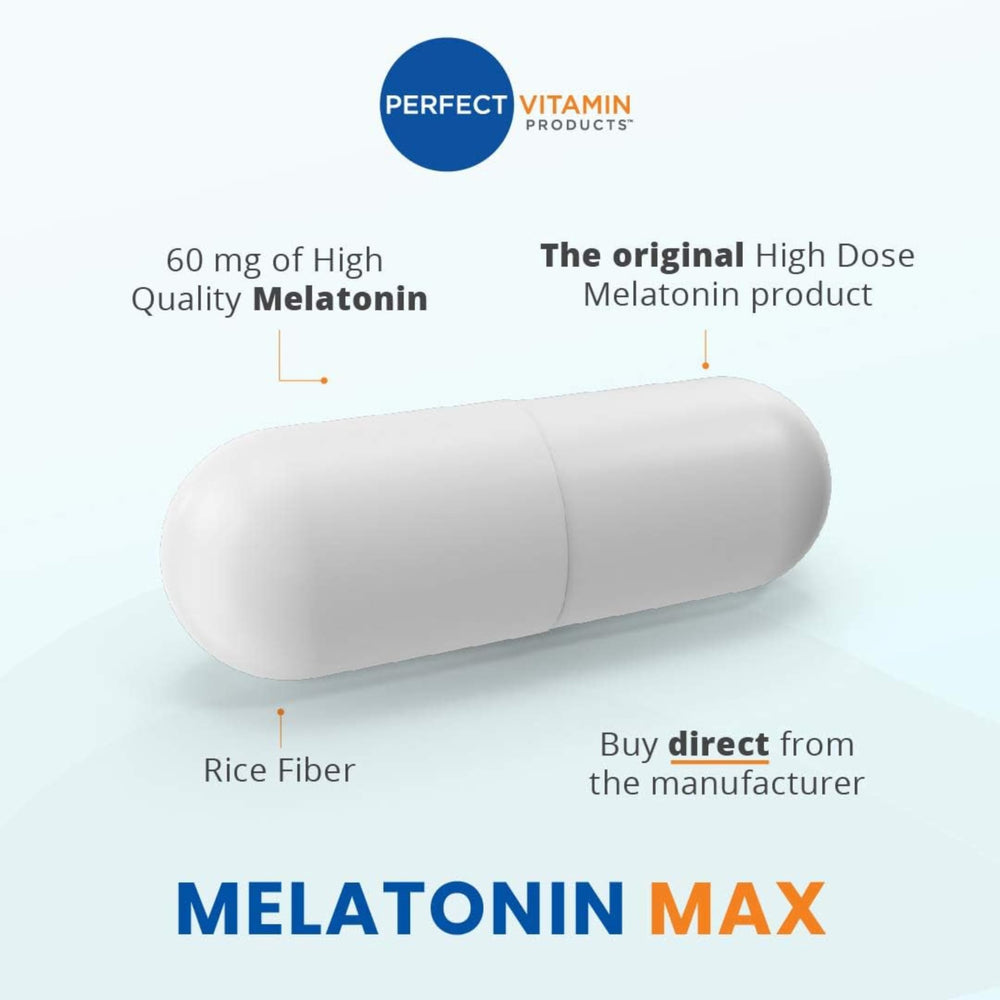 Perfect Vitamin Products melatonin 60mg bottle near US flag emphasizes manufacturing quality
