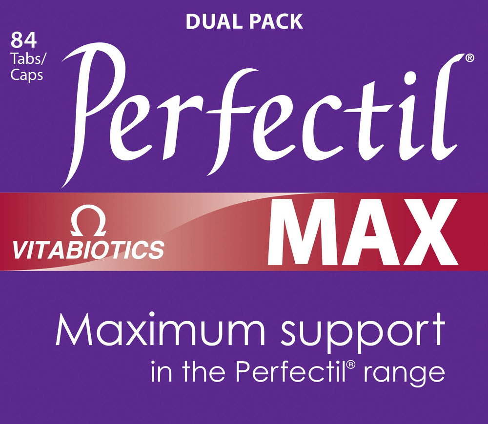 Perfectil Max tablets close-up highlighting micro-nutrient formula for skin health